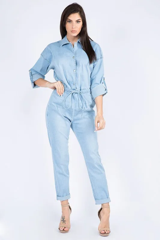 Roll up Chain Back Denim Jumpsuits