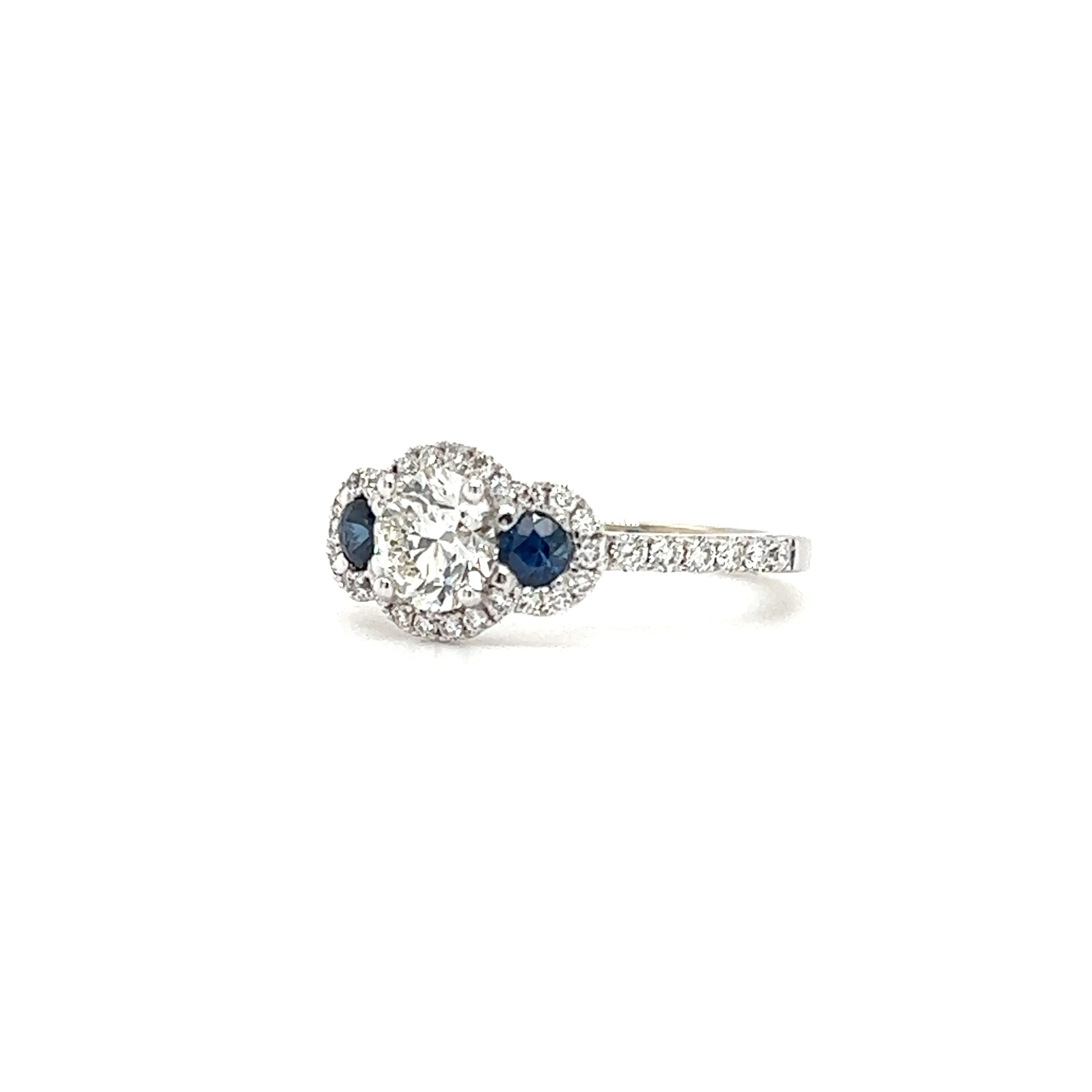 Round Diamond Ring with Two Side Sapphires and Diamond Halo in 14K White Gold