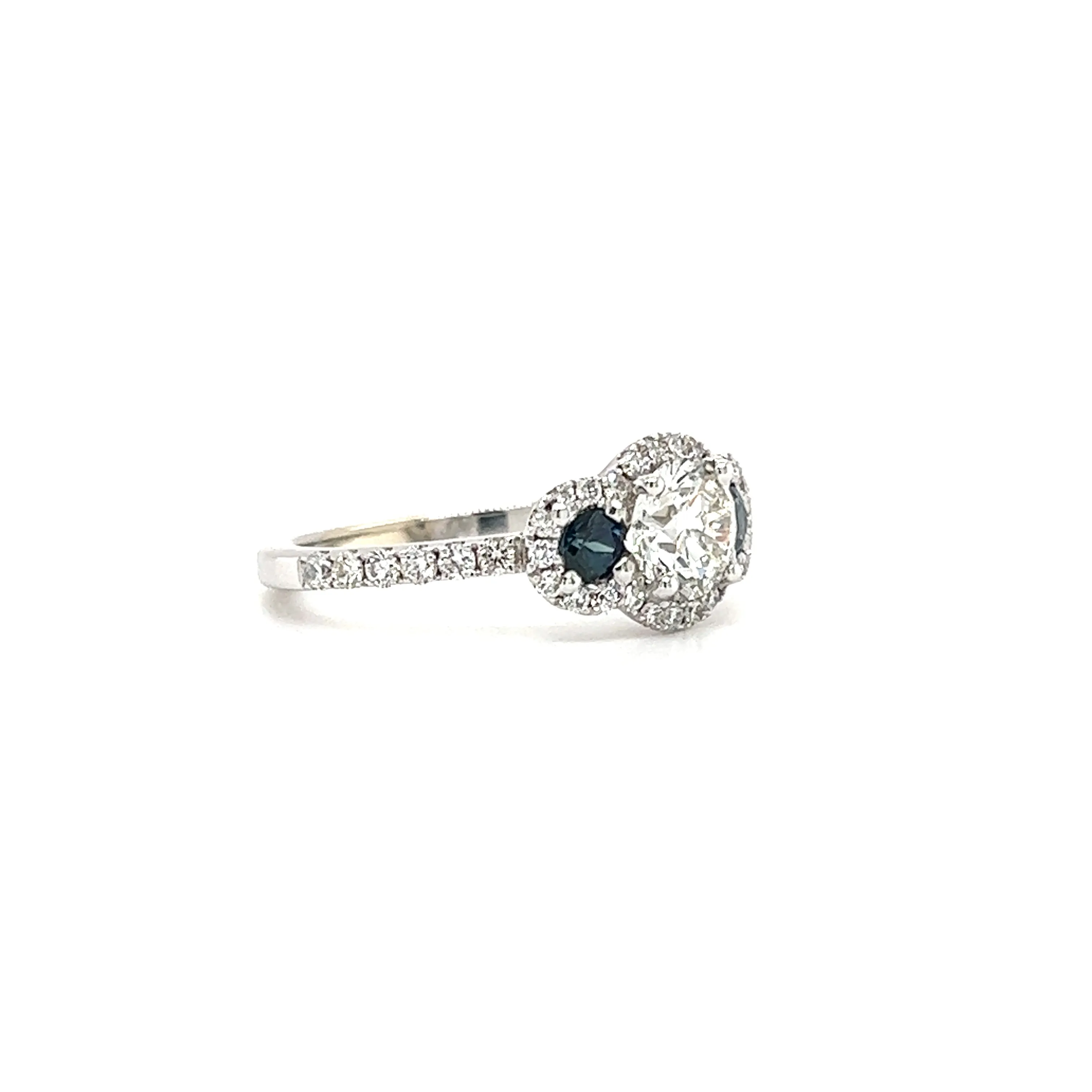 Round Diamond Ring with Two Side Sapphires and Diamond Halo in 14K White Gold