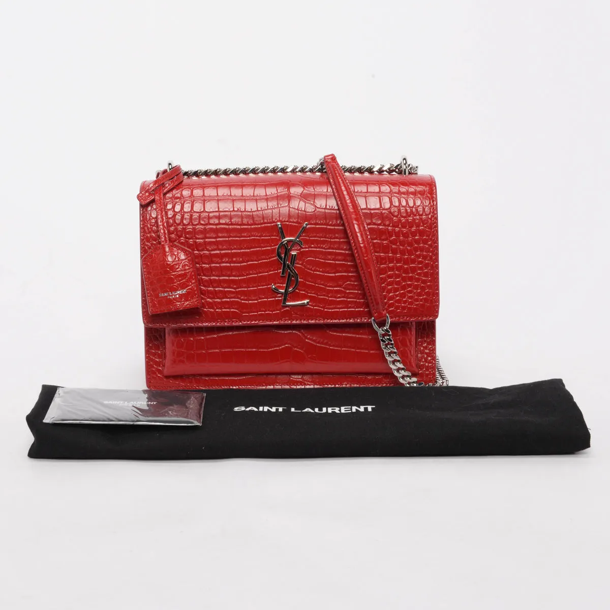 Saint Laurent Red Croc Embossed Medium Sunset Shoulder Bag