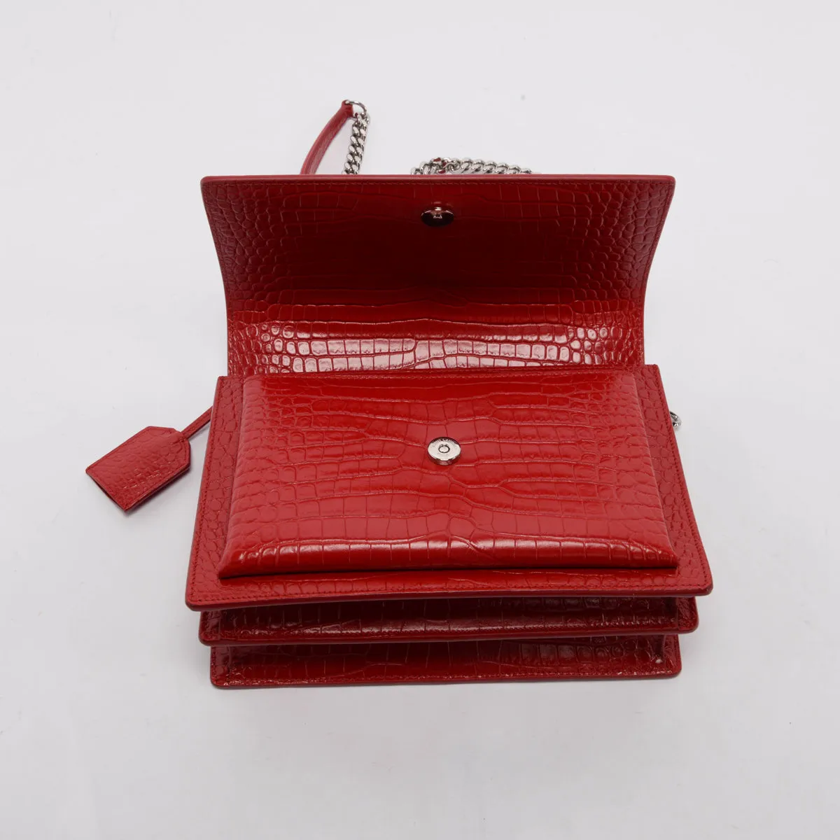 Saint Laurent Red Croc Embossed Medium Sunset Shoulder Bag