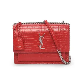 Saint Laurent Red Croc Embossed Medium Sunset Shoulder Bag