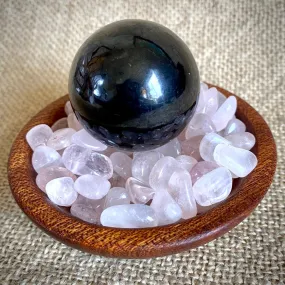 Shungite Sphere on Tumbled Rose Quartz in Custom Mahogany Bowl