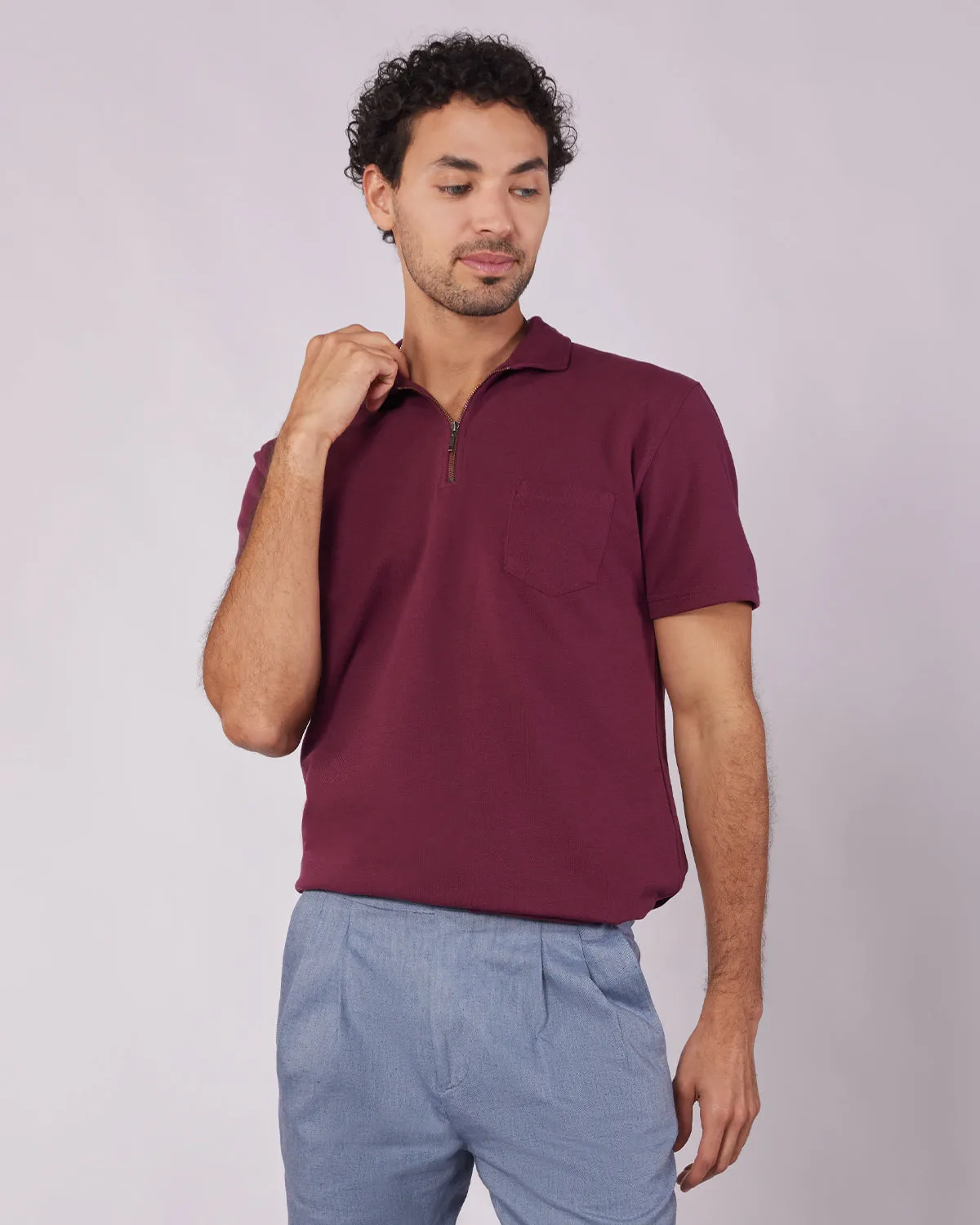 Signature Zipper Polo T-Shirt - Maroon