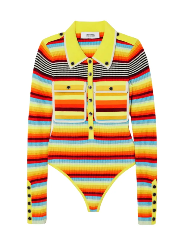 STRIPED RIBBED POLO BODYSUIT