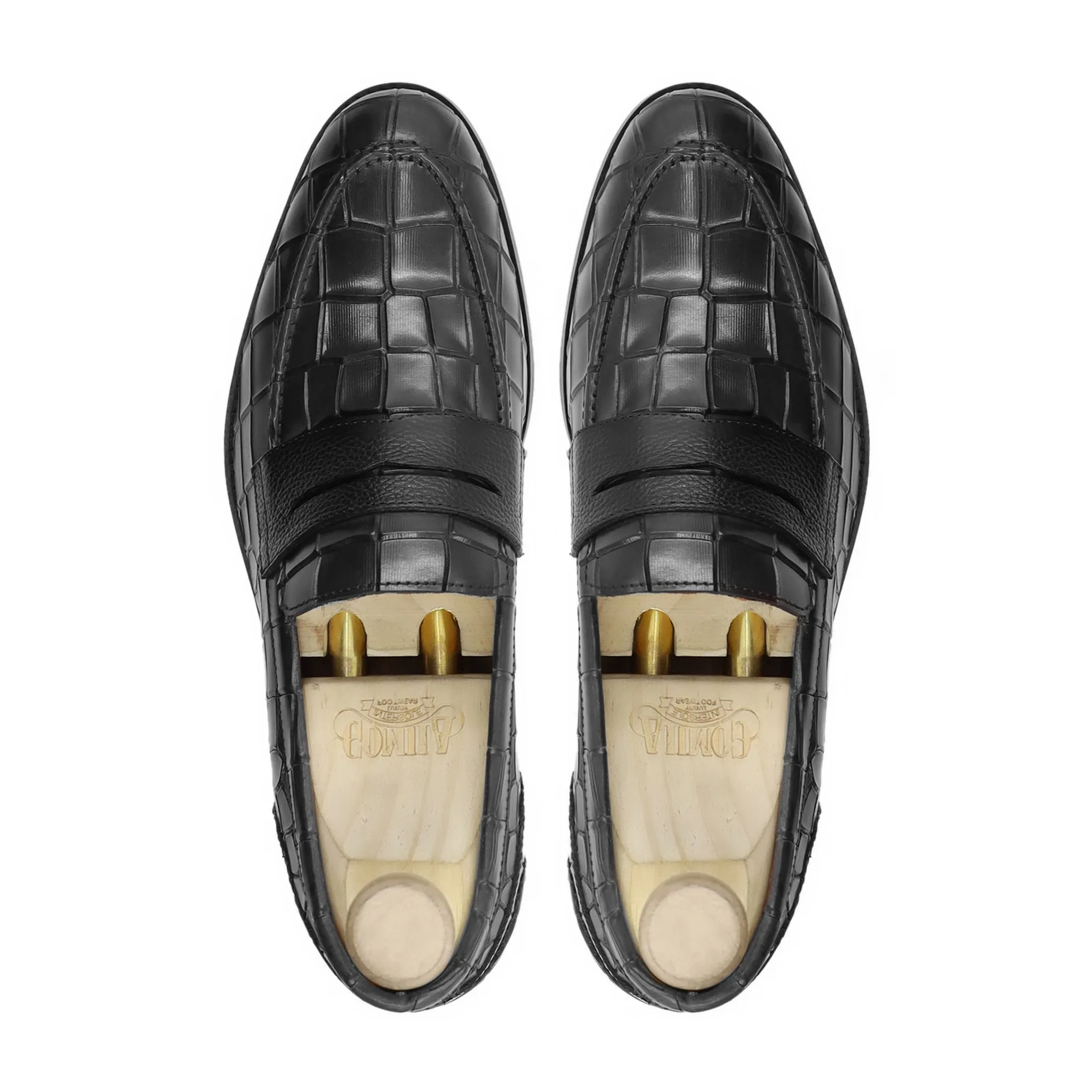 Ulvila - Men's Black Crocodile Printed Calf Leather Loafer