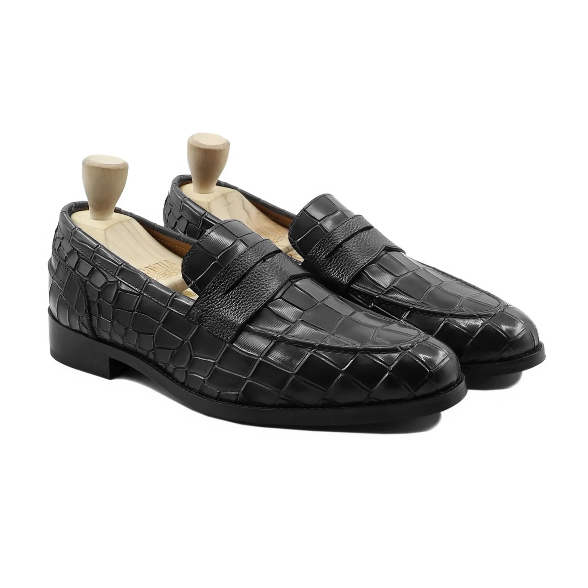 Ulvila - Men's Black Crocodile Printed Calf Leather Loafer