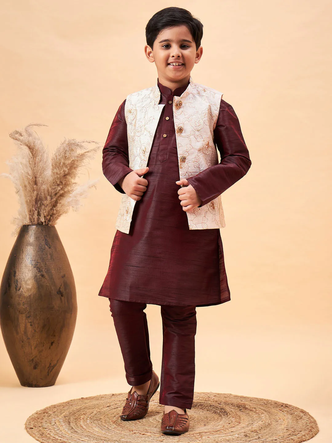 VASTRAMAY Boy's Beige Nehru Jacket With Wine Kurta And Pyjama Set