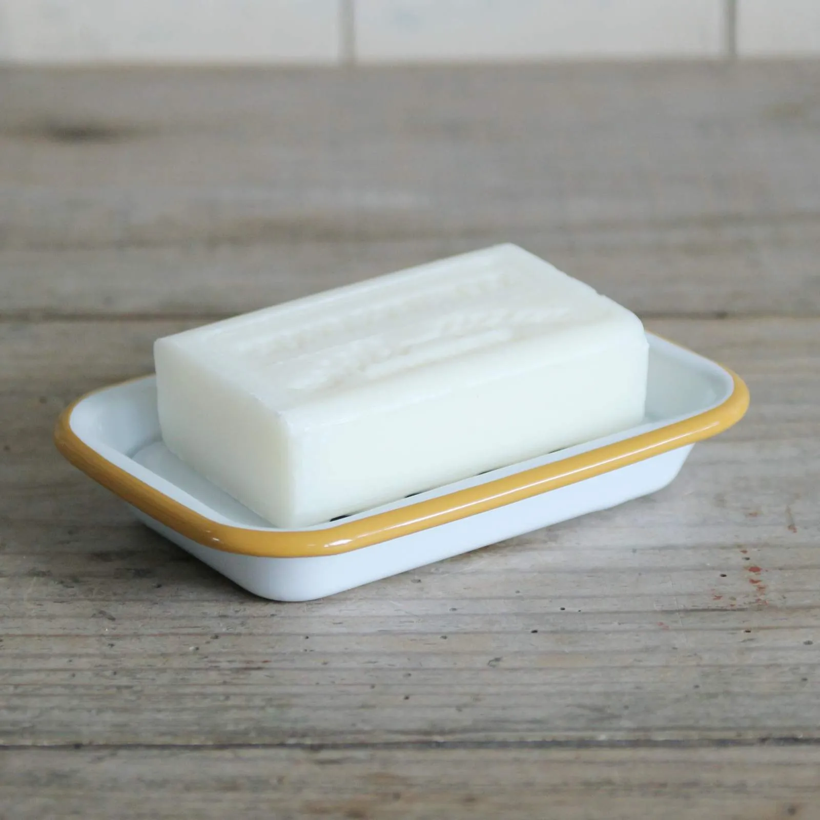 White Enamel Soap Dish - Mustard Rim