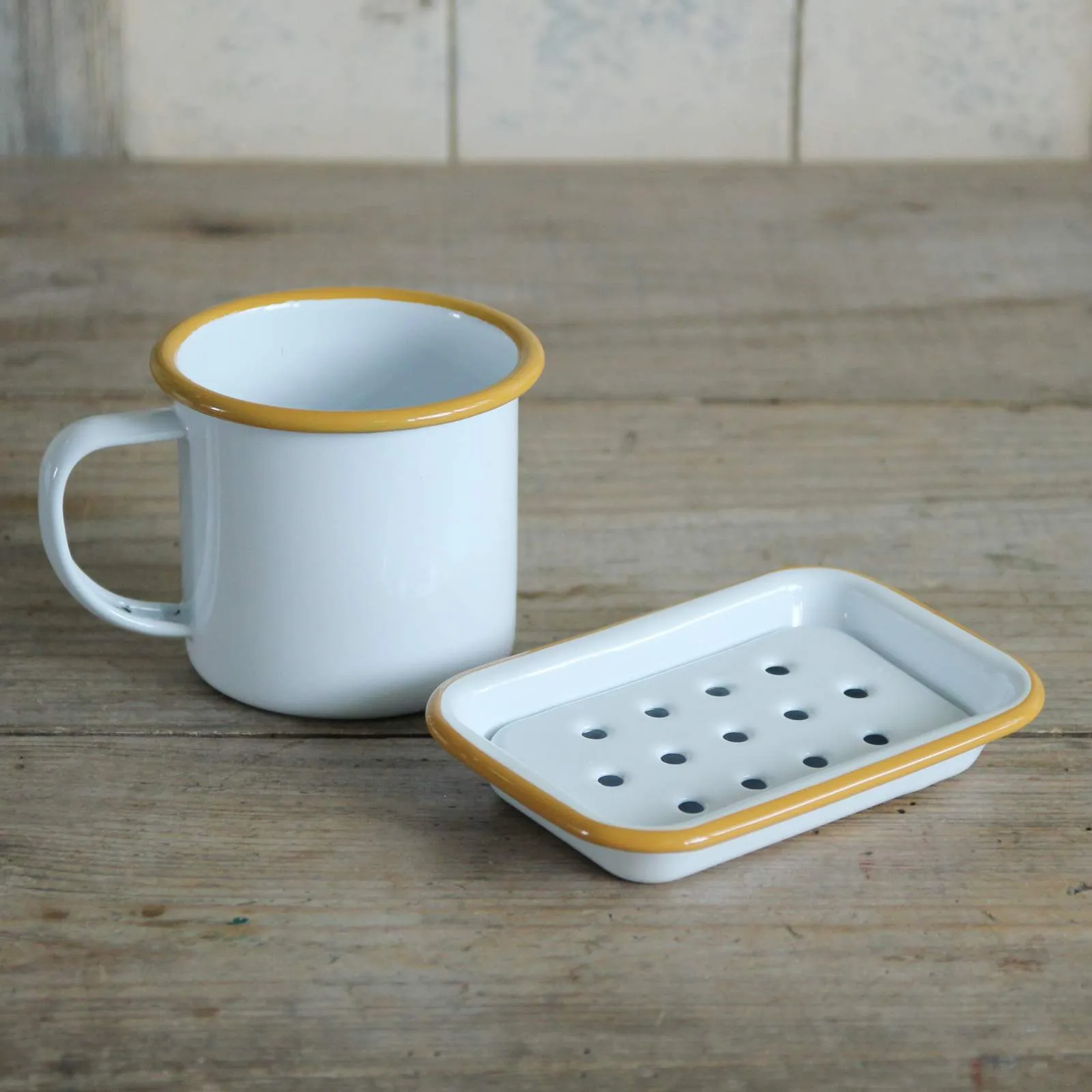 White Enamel Soap Dish - Mustard Rim