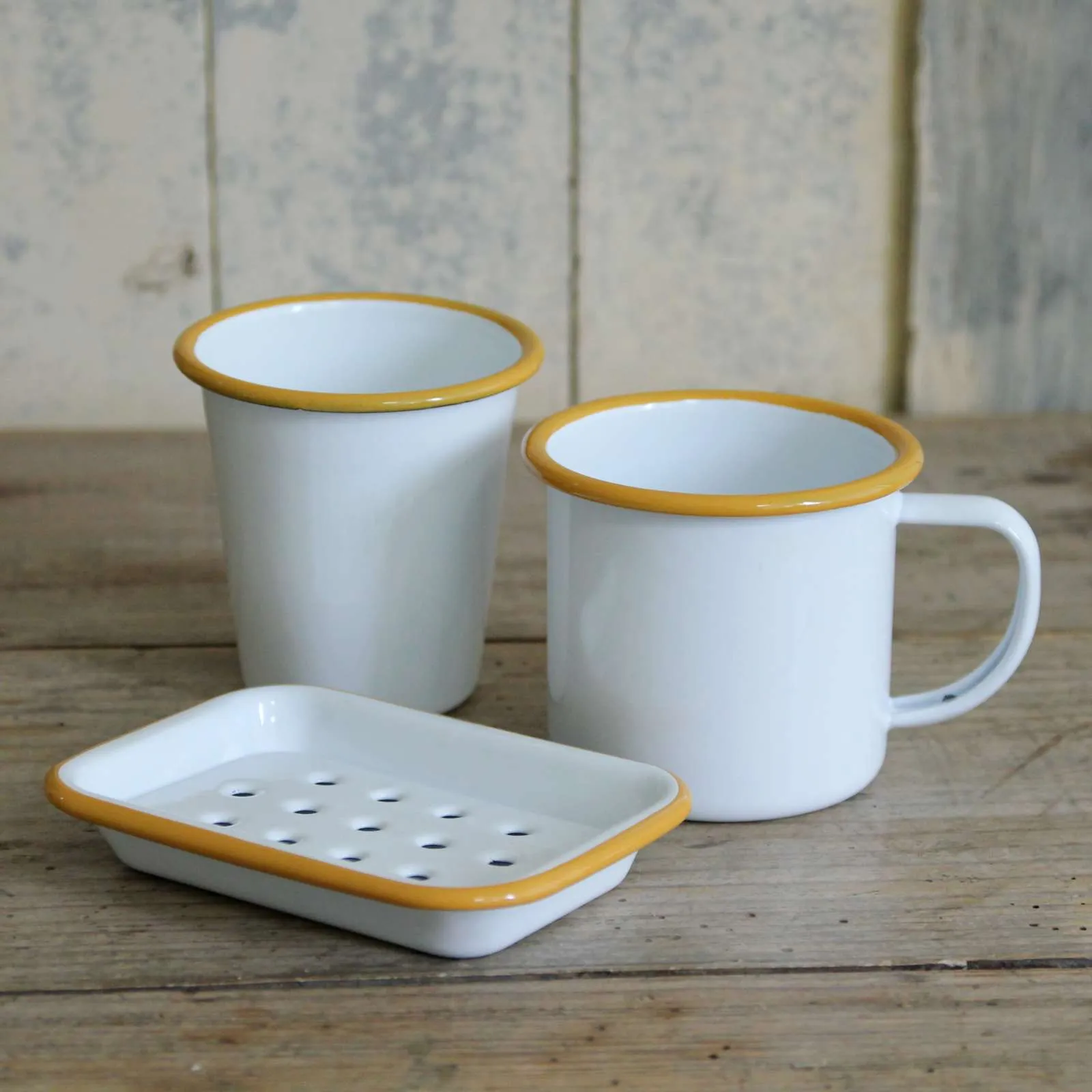 White Enamel Soap Dish - Mustard Rim