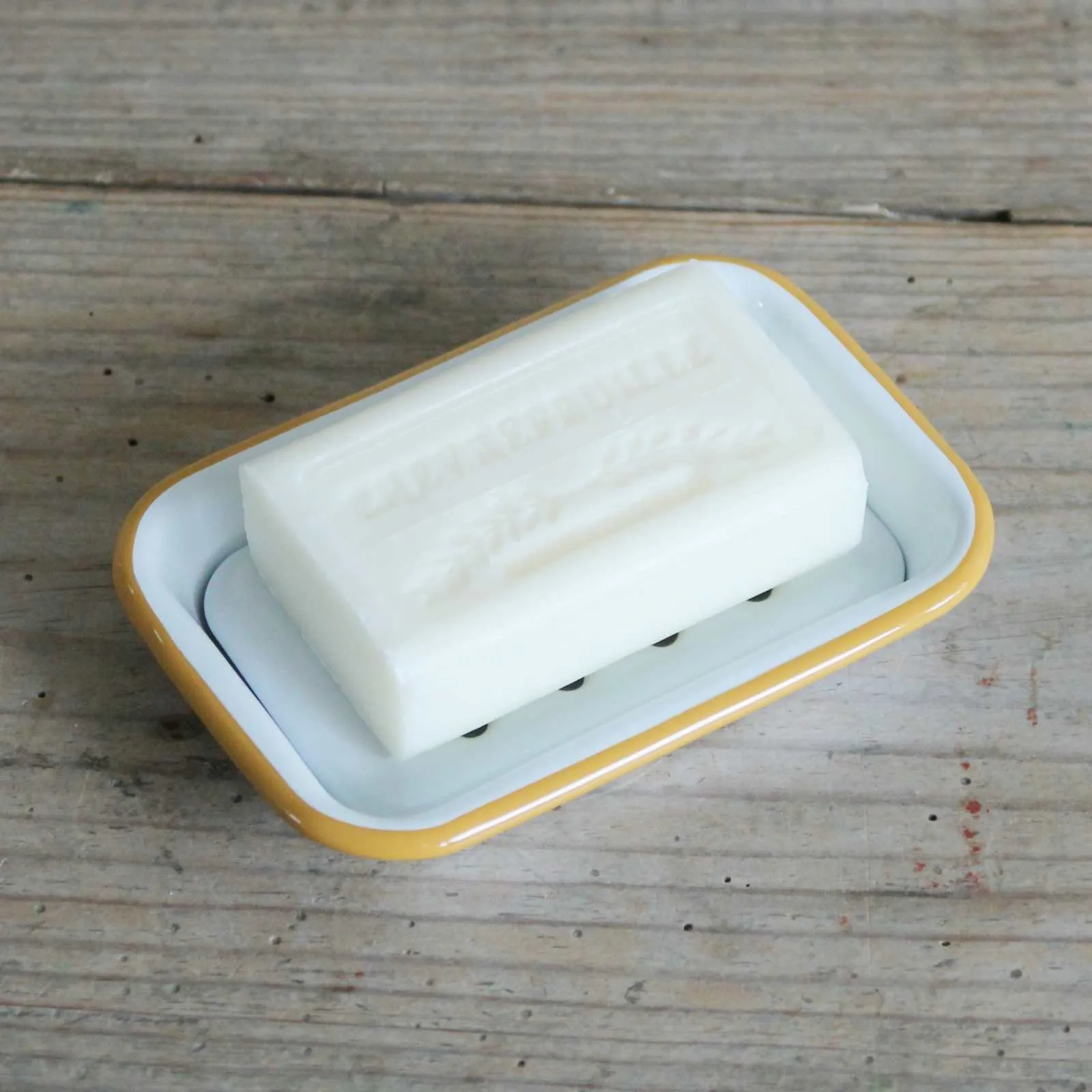 White Enamel Soap Dish - Mustard Rim