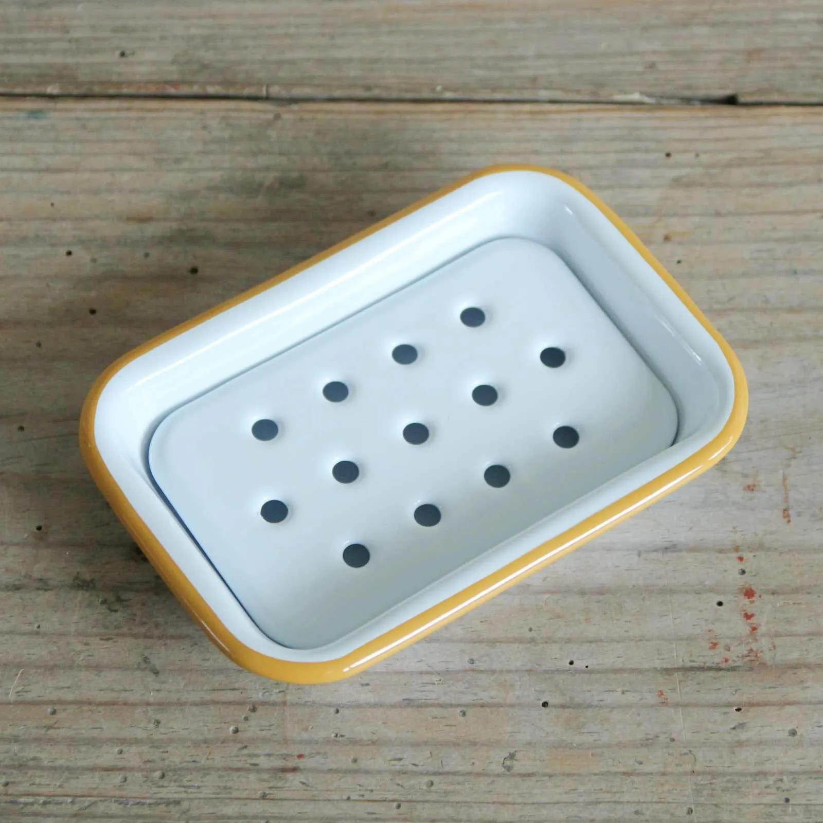 White Enamel Soap Dish - Mustard Rim