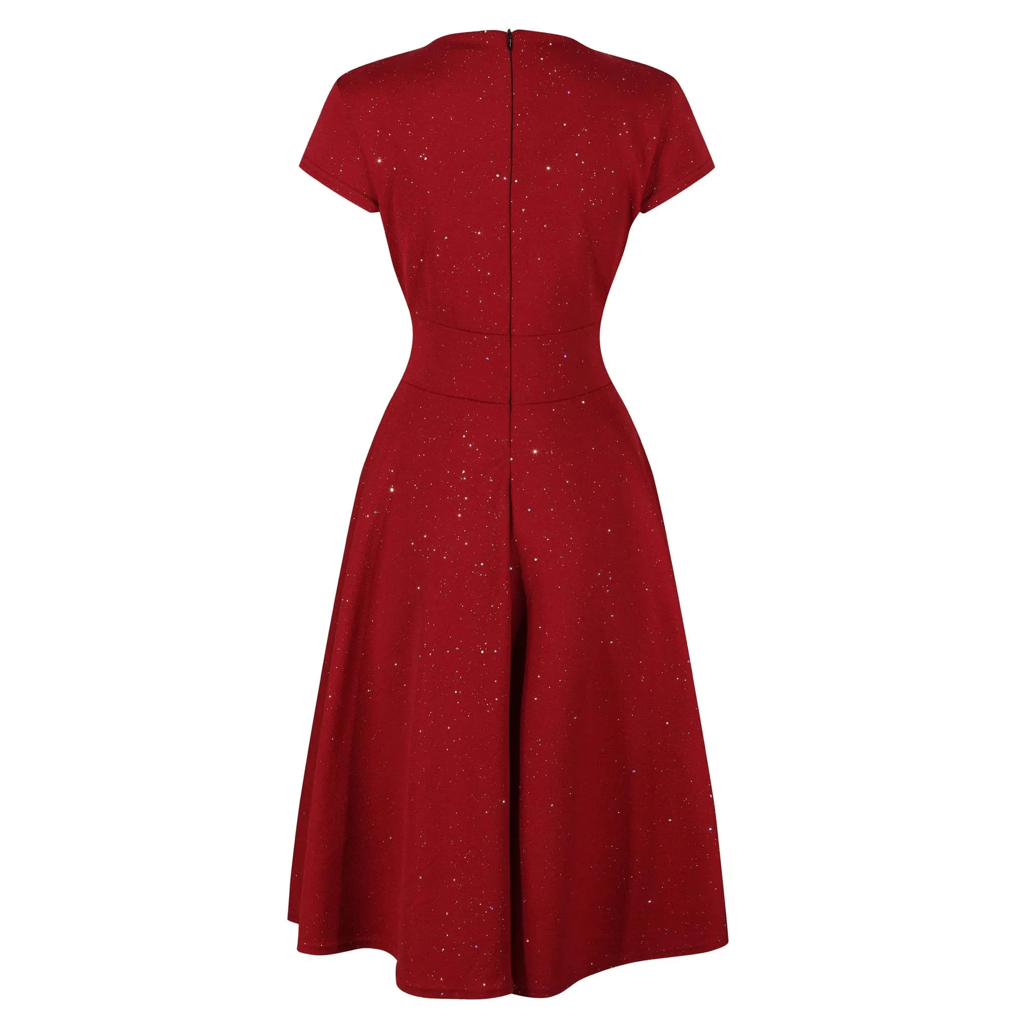 Wine Red & Sparkly Glitter A Line Crossover Top Capped Sleeve Tea Swing Dress